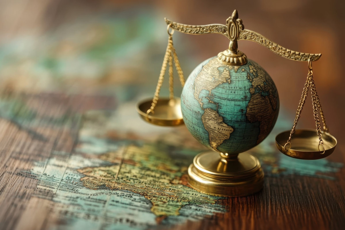 Vintage globe on an antique map with justice symbol